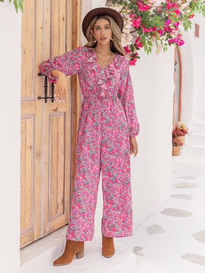 Printed Ruffled V-Neck Balloon Sleeve Boho Chic Jumpsuit [Spirit and Rebel]   