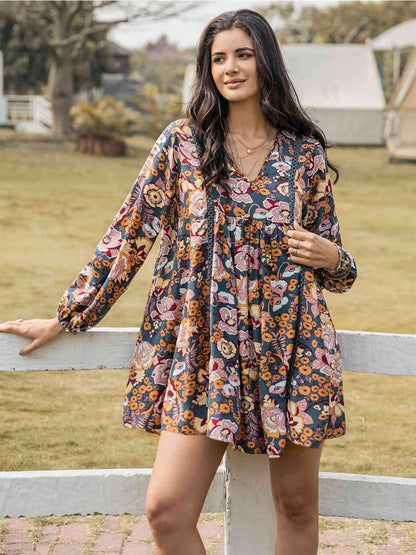 Floral Ruched V-Neck Long Sleeve Dress [Spirit and Rebel]   