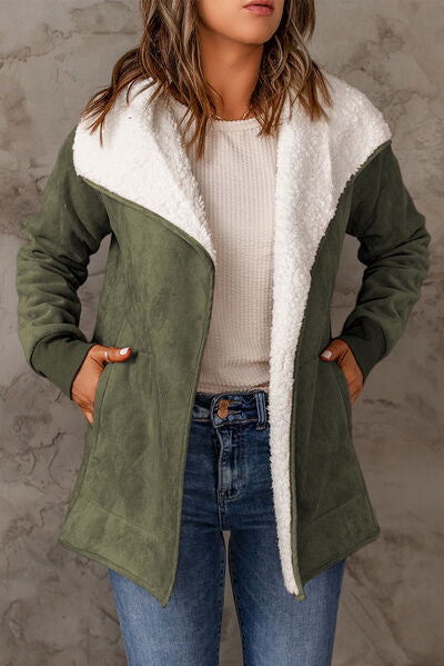 Boho Chic  Open Front Long Sleeve Sherpa Jacket with Pockets [Spirit and Rebel] Army Green S 