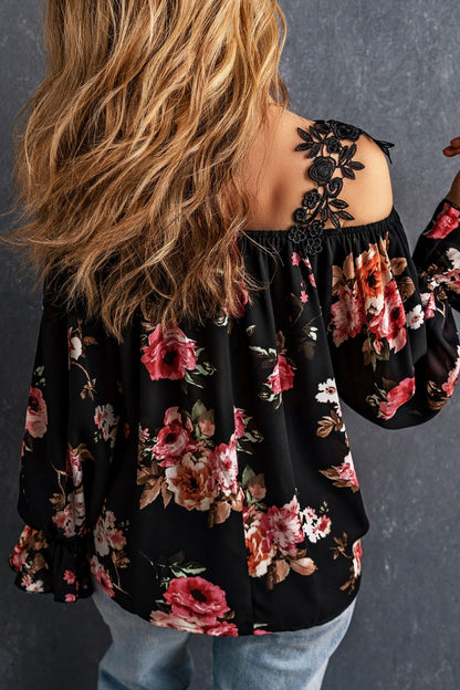 Floral Lace Cold-Shoulder Flounce Sleeve Boho Blouse [Spirit and Rebel]   