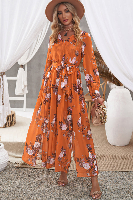 Boho Floral Tie Waist Slit Maxi Dress [Spirit and Rebel] Orange S 