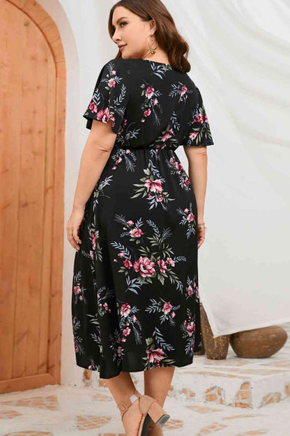 Plus Size Floral Short Sleeve Split Dress [Spirit and Rebel]   