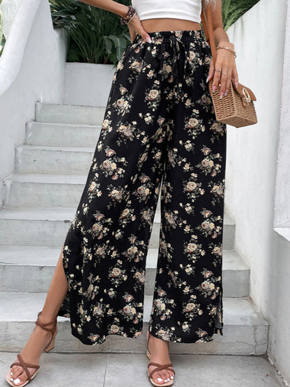 Spirit and Rebel Boho Floral Side Slit Wide Leg Pants [Spirit and Rebel]   