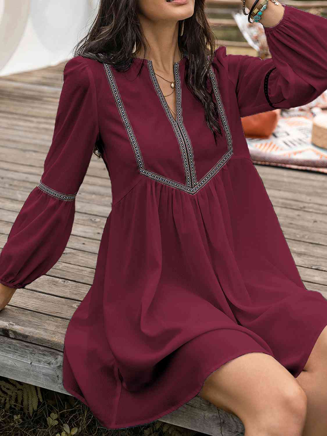 Notched Balloon Sleeve Mini Dress [Spirit and Rebel]   