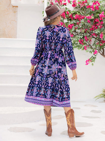 Printed Tie Neck Long Sleeve Midi Dress [Spirit and Rebel]   