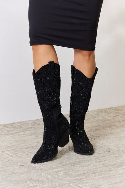 Boho Chic  Forever Link Rhinestone Knee High Cowboy Boots [Spirit and Rebel] Black 6 