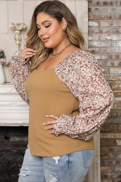 Plus Size Floral Square Neck Flounce Sleeve Blouse [Spirit and Rebel]   