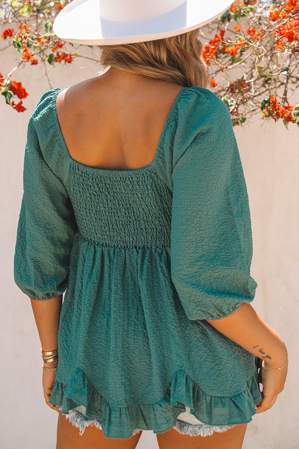 Smocked Three-Quarter Sleeve Peplum Boho Blouse [Spirit and Rebel]   