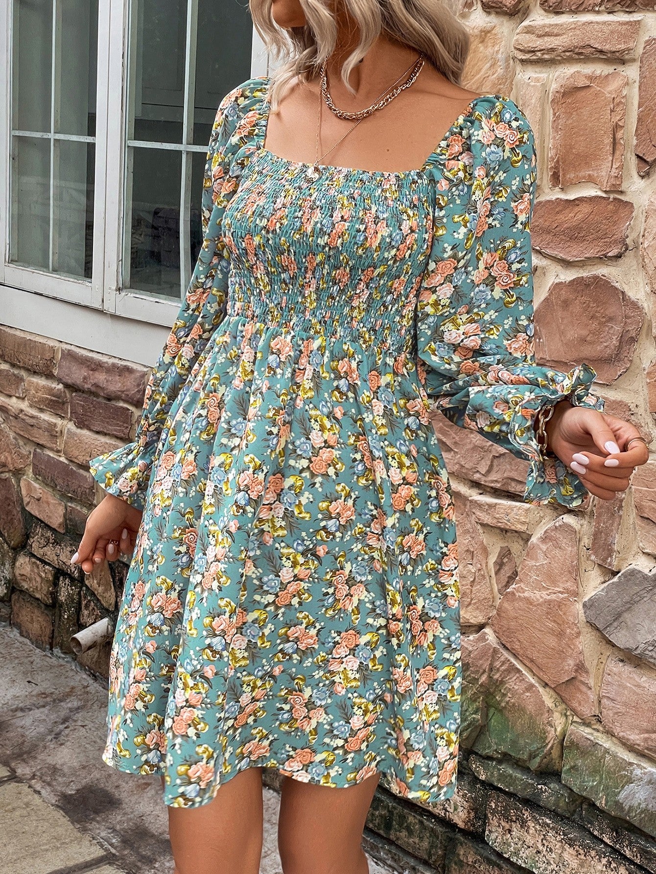 Boho Style Floral Smocked Flounce Sleeve Square Neck Dress [Spirit and Rebel]   