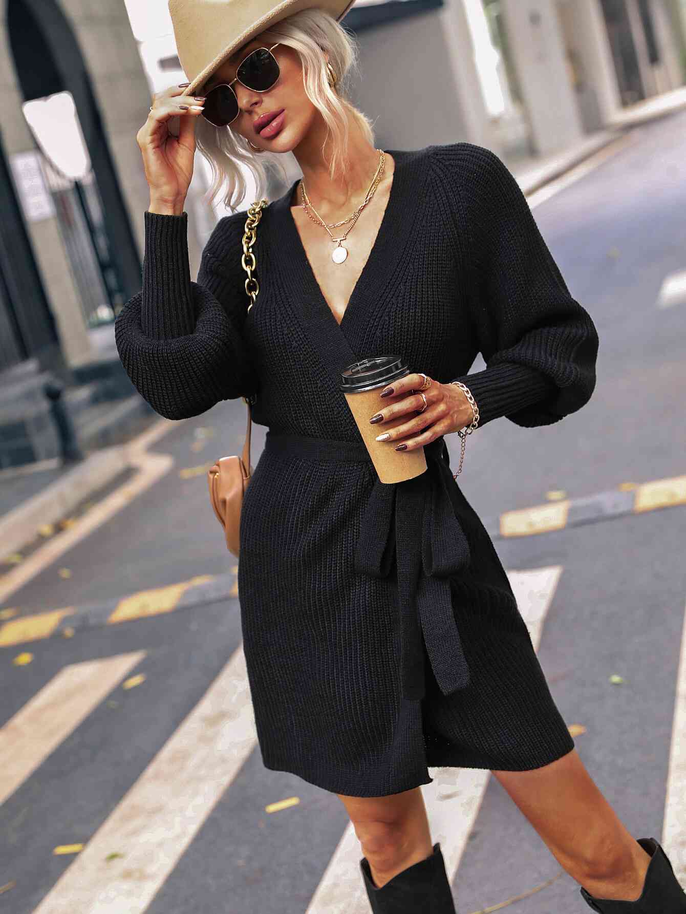 Belted Surplice Lantern Sleeve Wrap Sweater Dress [Spirit and Rebel]   