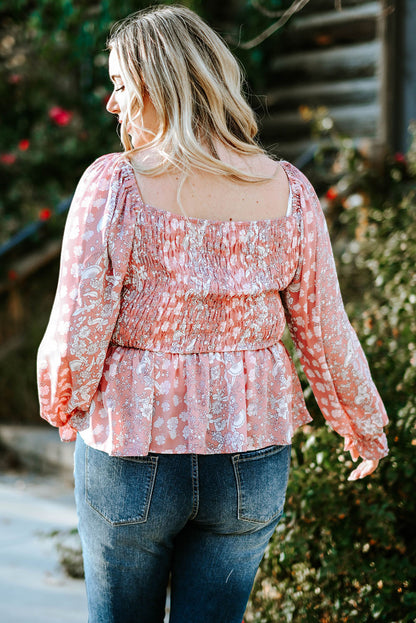 Plus Size Floral Smocked Flounce Sleeve Boho Blouse [Spirit and Rebel]   