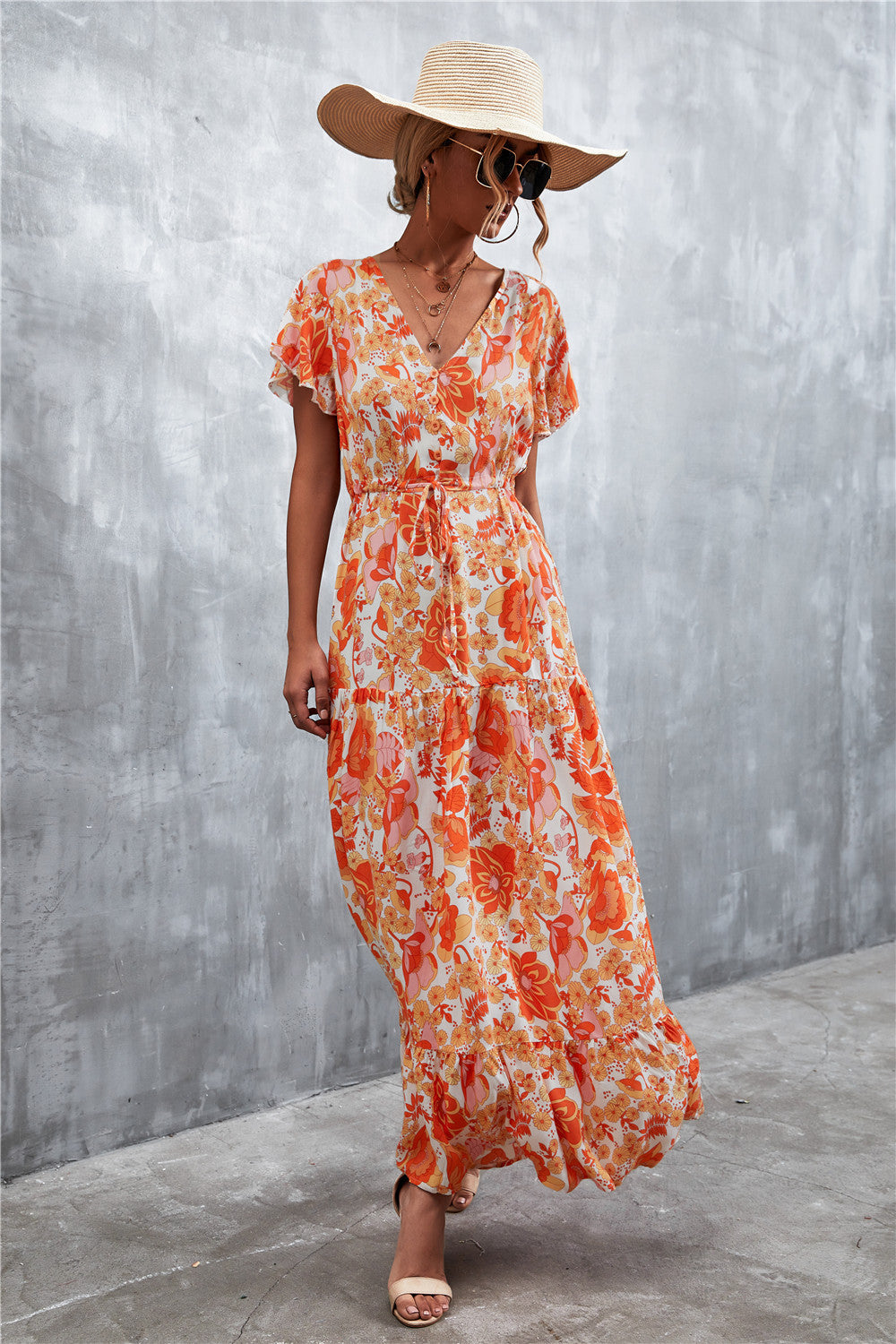 Floral Buttoned Drawstring Waist Tiered Boho Dress [Spirit and Rebel]   