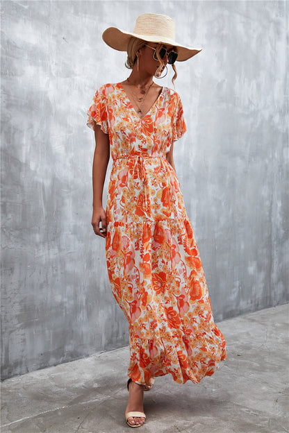 Floral Buttoned Drawstring Waist Tiered Boho Dress [Spirit and Rebel]   