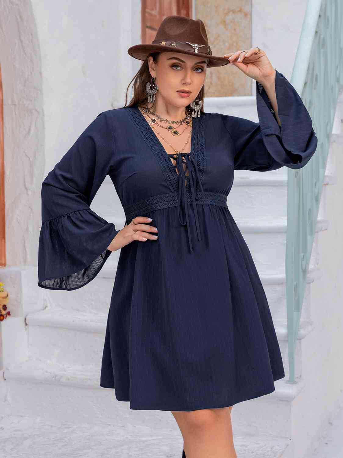 Plus Size Tie Front V-Neck Flare Sleeve Dress [Spirit and Rebel] Navy 0XL 