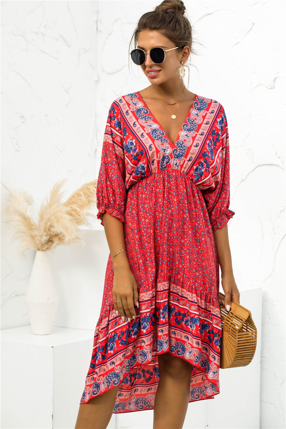 Printed Bohemian V Neck Dress [Spirit and Rebel] Red S 