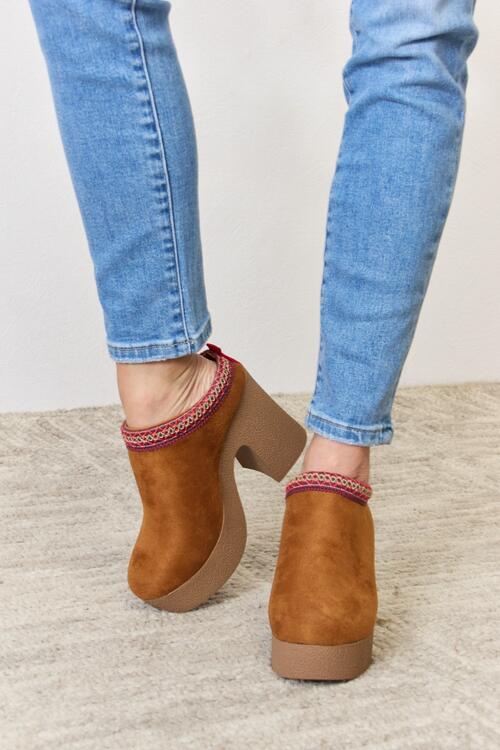 Boho Chic  Legend Footwear Platform Suede Clog Heel [Spirit and Rebel] Chestnut 6 