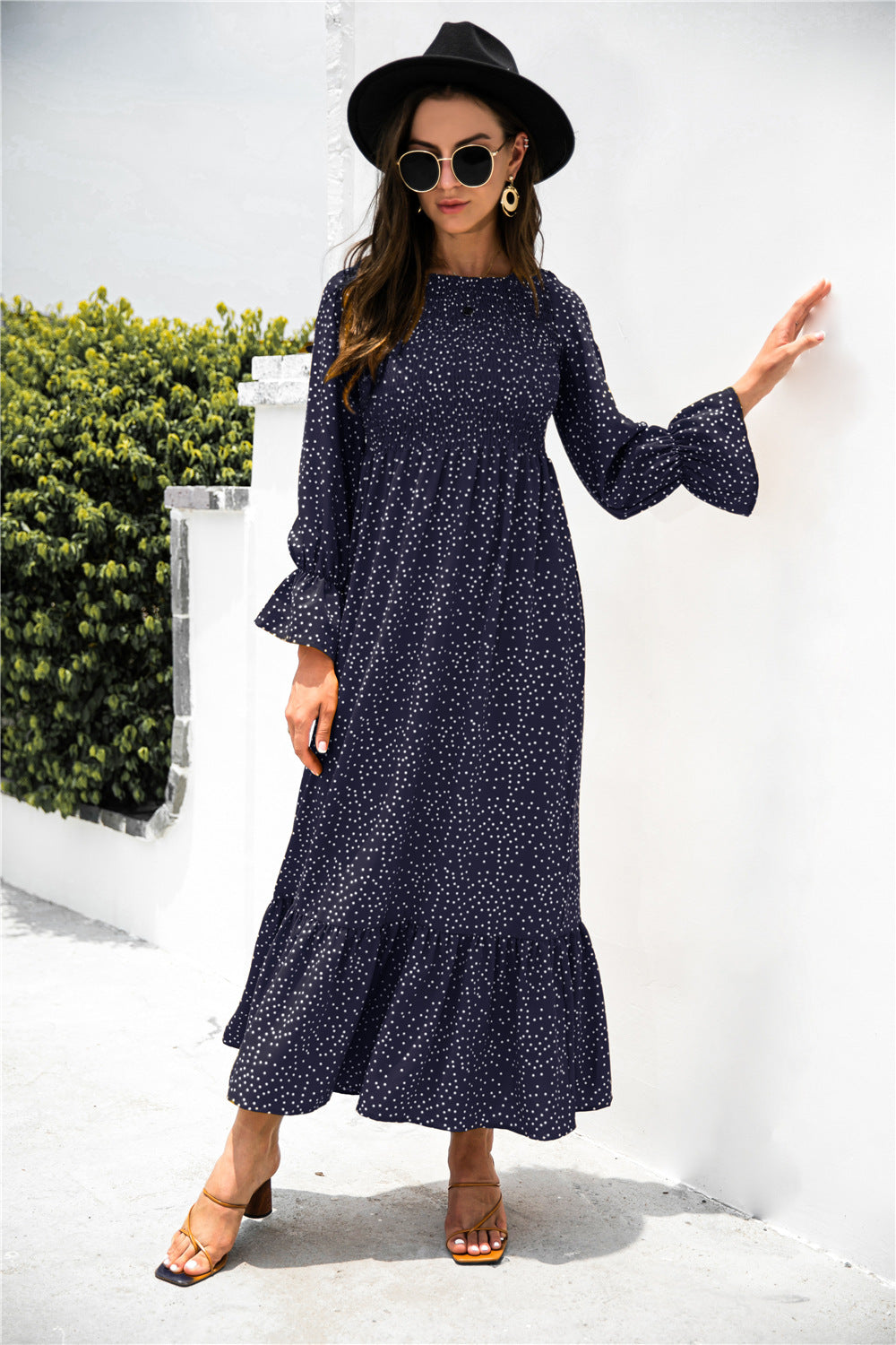 Printed Puff Sleeve Ruffle Boho Maxi Dress [Spirit and Rebel] Navy S 