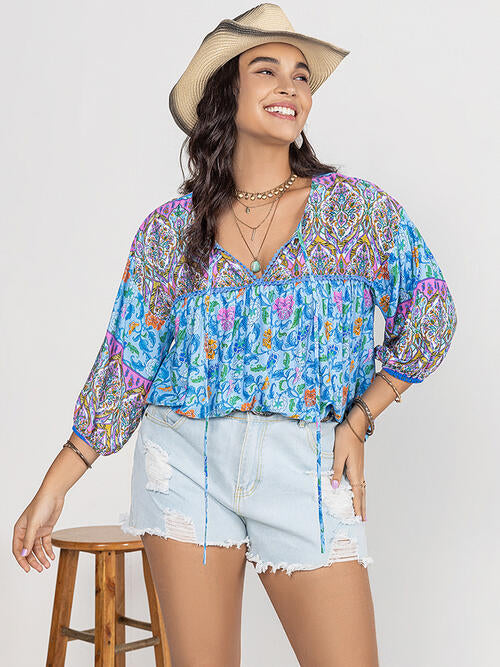 Boho Chic  Plus Size Printed Tie Neck Balloon Sleeve Blouse [Spirit and Rebel] Pastel  Blue 0XL 