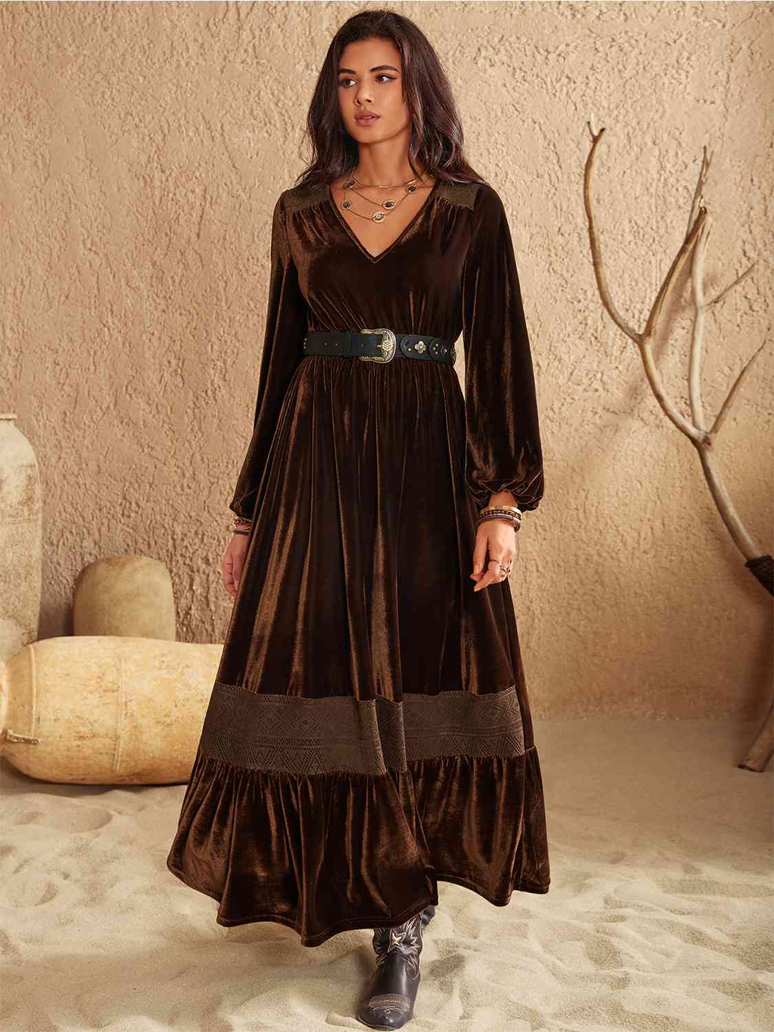 Ruffled V-Neck Long Sleeve Dress [Spirit and Rebel]   