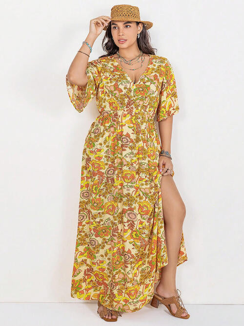 Boho Chic  Floral V-Neck Short Sleeve Slit Dress [Spirit and Rebel] Banana Yellow 0XL 