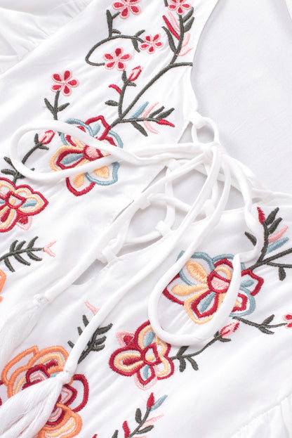 Embroidered Tie Neck Cap Sleeve Blouse [Spirit and Rebel]   