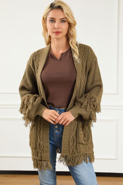 Cable-Knit Fringe Pocketed Cardigan [Spirit and Rebel]   