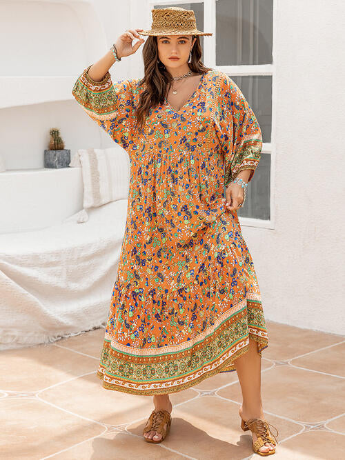 Plus Size Floral V-Neck Balloon Sleeve Midi Dress [Spirit and Rebel]   