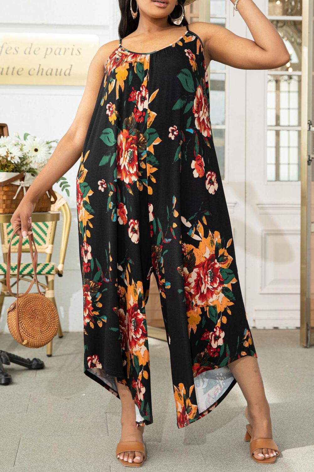 Plus Size Printed Spaghetti Strap Wide Leg Boho Jumpsuit Playsuit [Spirit and Rebel]   