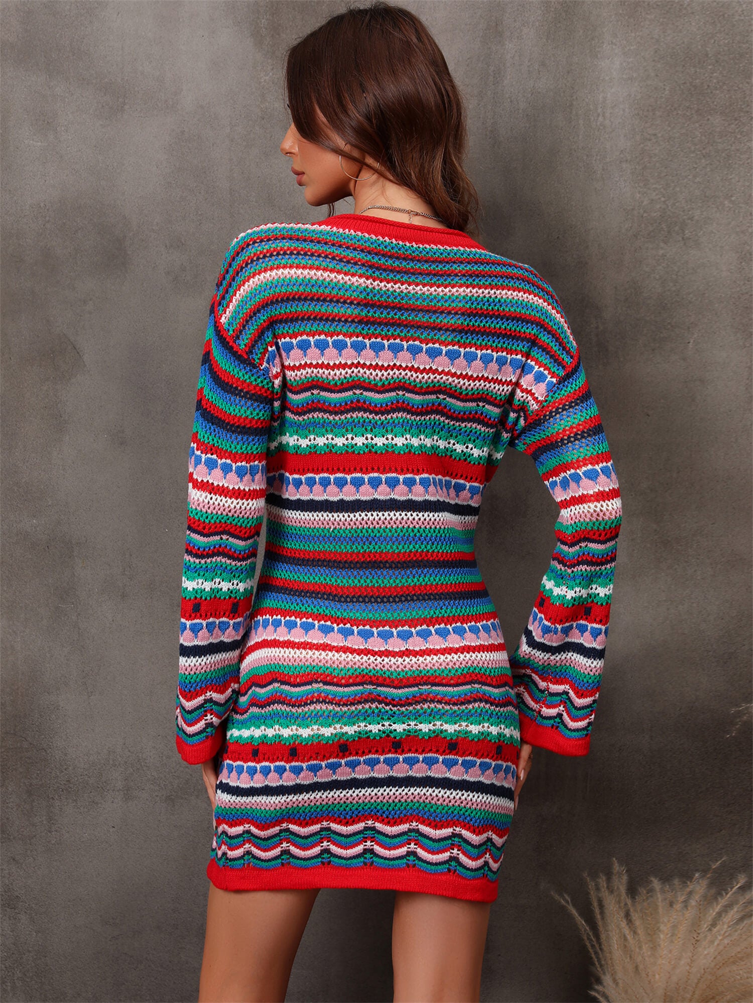 Boho Multicolored Stripe Dropped Shoulder Sweater Dress [Spirit and Rebel]   