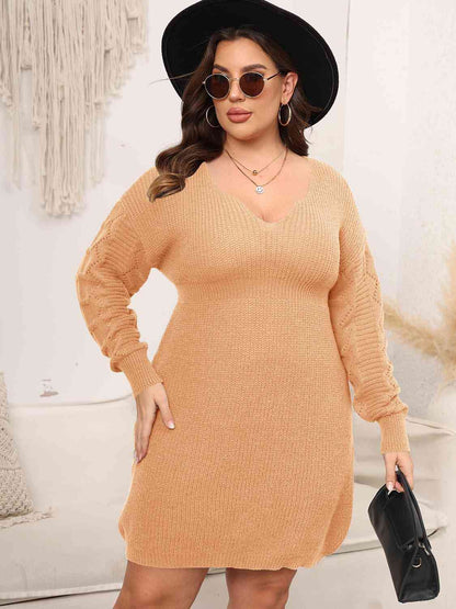 Plus Size Dropped Shoulder Long Sleeve Knit Mini Dress [Spirit and Rebel] Sherbet 1XL 