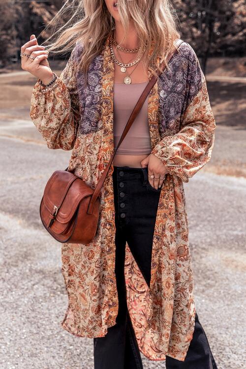 Boho Chic  Floral Tassel Tied Open Front Long Sleeve Cardigan [Spirit and Rebel] Camel S 