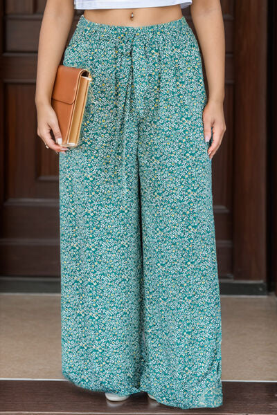 Plus Size Ditsy Floral Wide Lag Pants [Spirit and Rebel] Teal 1X 