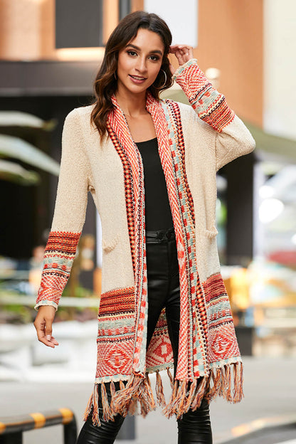 Boho Multicolored Tassel Hem Open Front Cardigan [Spirit and Rebel] Cream M 