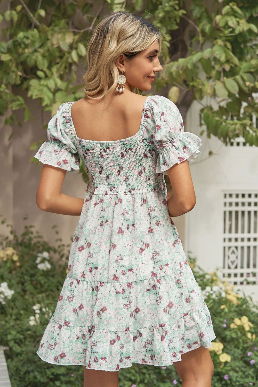 Printed Flounce Sleeve Smocked Boho Dress [Spirit and Rebel]   