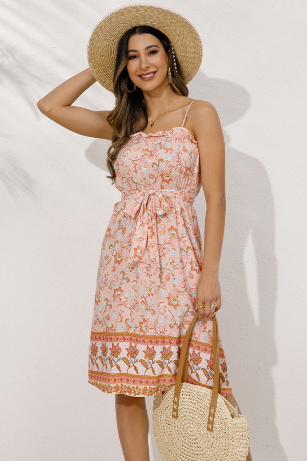 Bohemian Belted Frill Trim Spaghetti Strap Dress [Spirit and Rebel] Sherbet S 