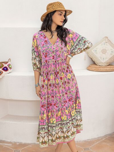 Printed V-Neck Balloon Sleeve Dress [Spirit and Rebel]   