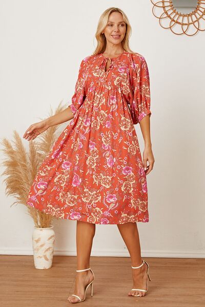 Floral Tie Neck Half Sleeve Bohemian Dress [Spirit and Rebel]   