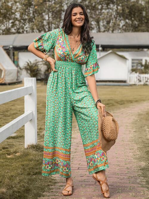 Boho Chic  Floral Surplice Flutter Sleeve Jumpsuit [Spirit and Rebel]   