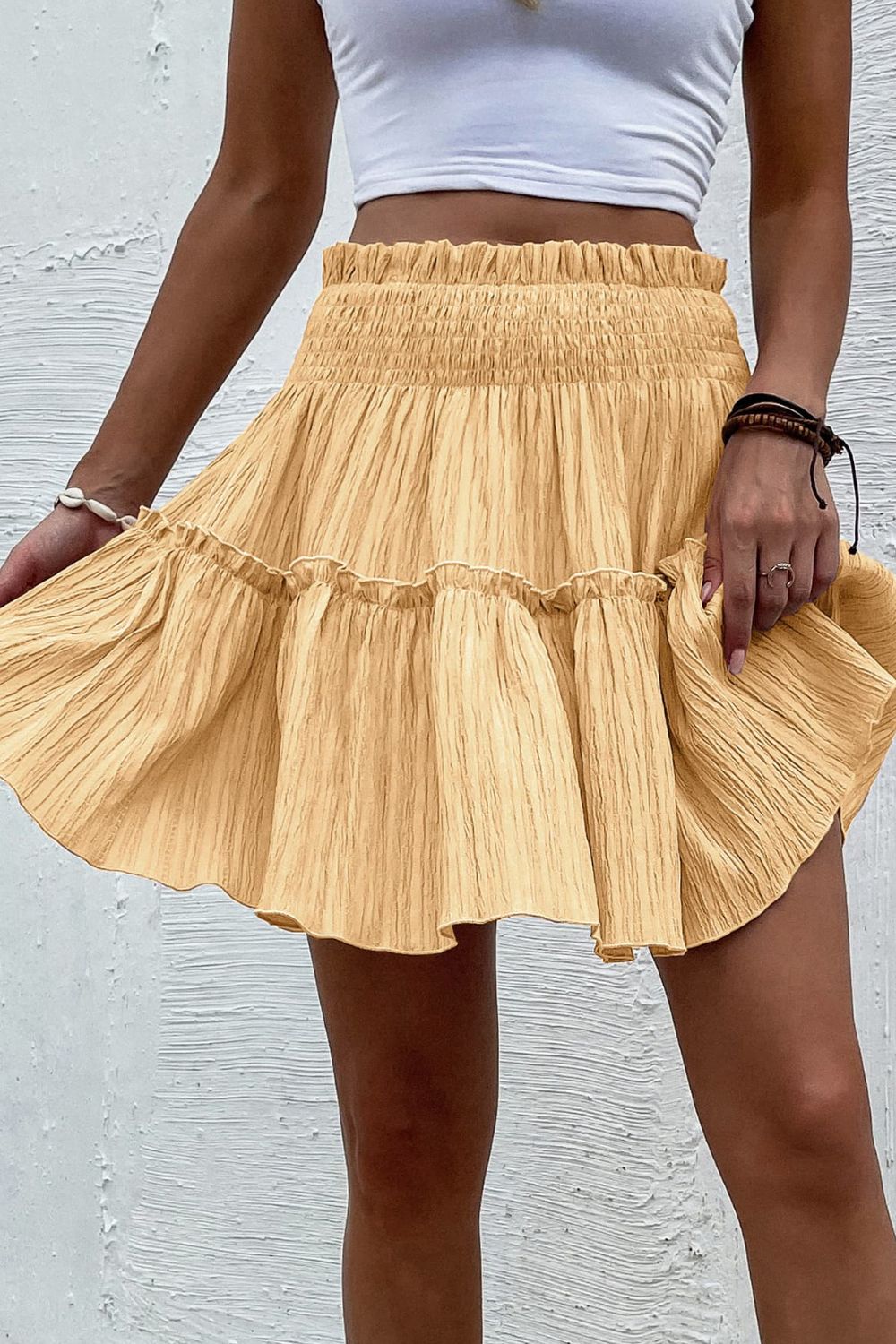 Smocked Waist Frill Trim Boho Skirt [Spirit and Rebel] Honey S 