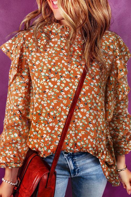 Floral Ruffled Long Sleeve Blouse [Spirit and Rebel] Terracotta S 