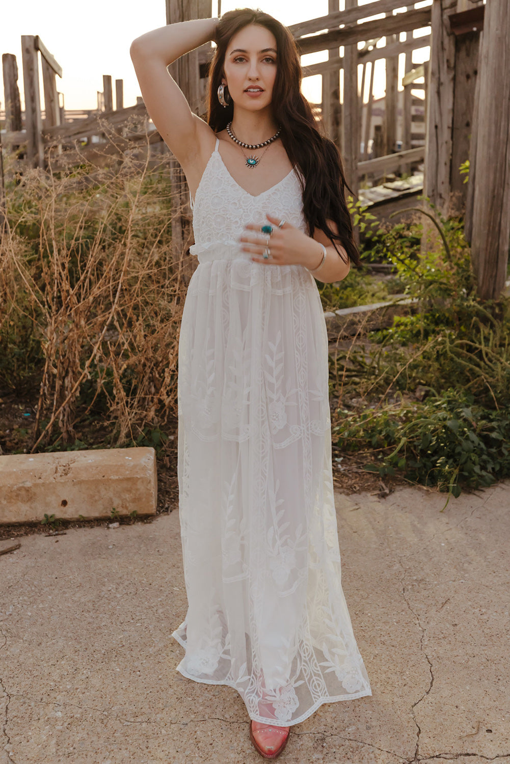 Lace Backless Spaghetti Strap Boho Maxi Dress [Spirit and Rebel] White S 