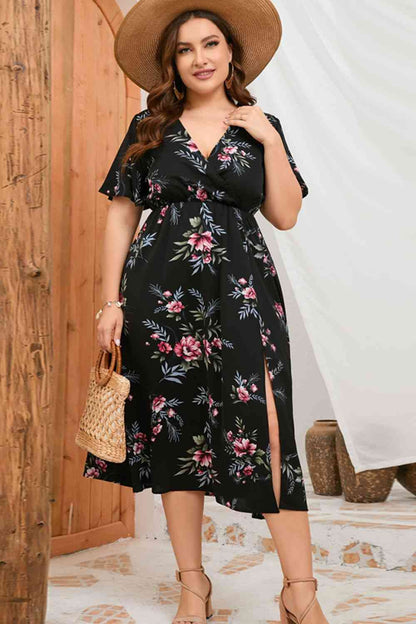 Plus Size Floral Short Sleeve Split Dress [Spirit and Rebel]   