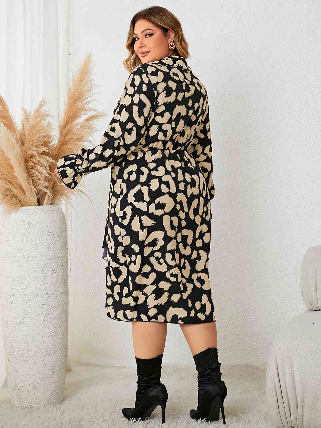 Plus Size Leopard Surplice Neck Flounce Sleeve Dress [Spirit and Rebel]   