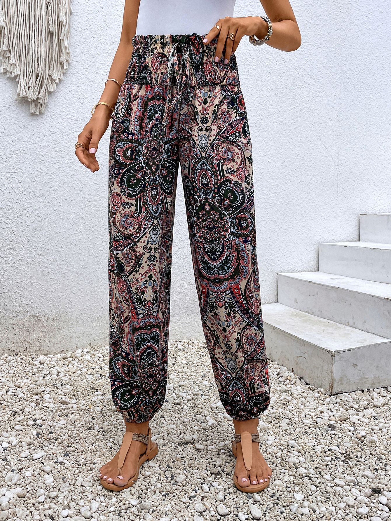 Paisley Print Smocked High-Waist Pants [Spirit and Rebel]   