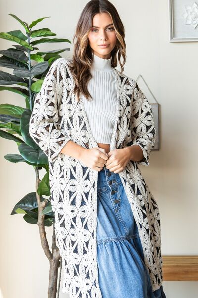 Veveret Geometric Open Front Three-Quarter Sleeve Cardigan [Spirit and Rebel]   