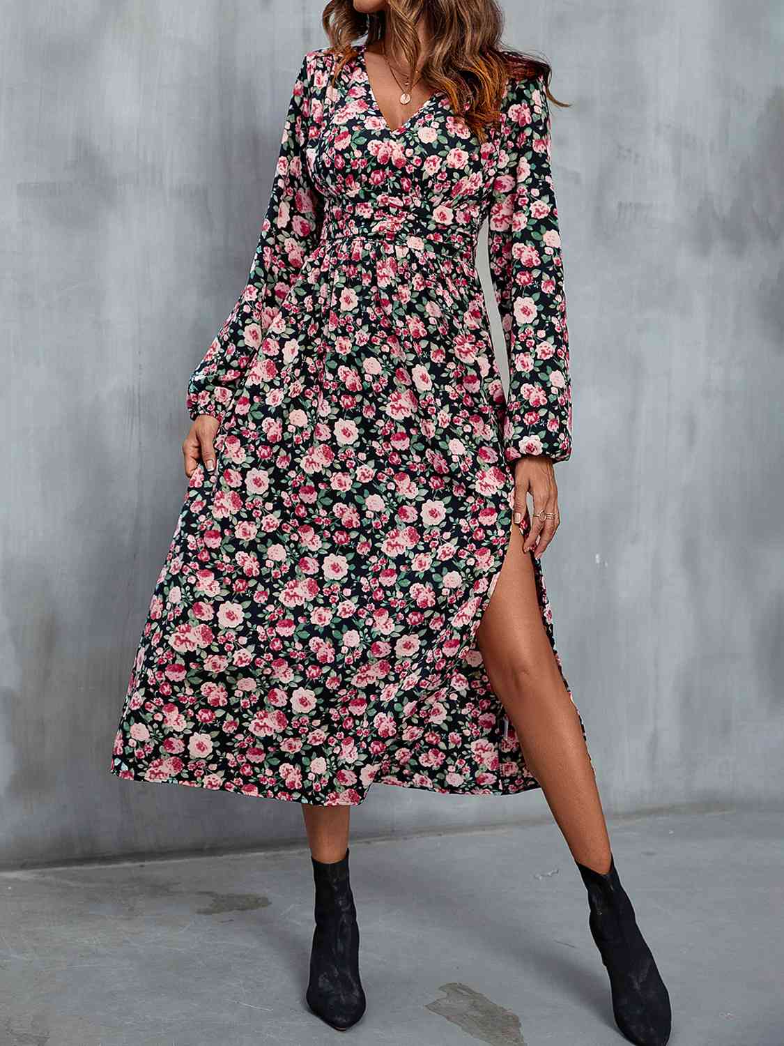 Floral V-Neck Slit Midi Dress [Spirit and Rebel]   