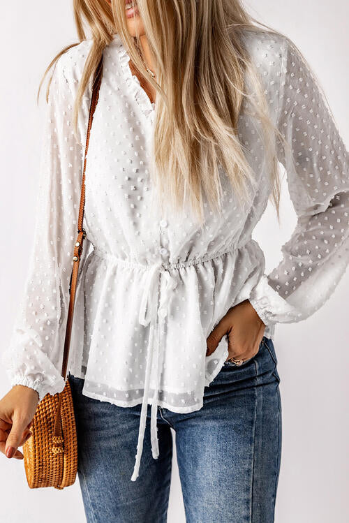 Boho Chic  Ruffle Trim Drawstring Long Sleeve Blouse [Spirit and Rebel]   