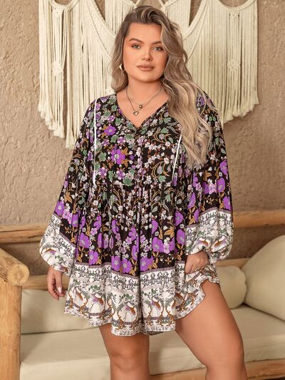 Plus Size Printed Tie Neck Mini Dress [Spirit and Rebel] Floral 0XL 