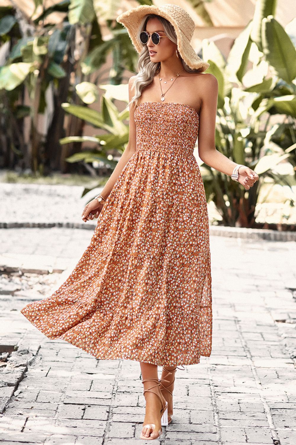 Floral Strapless Slit Midi Dress with Pockets [Spirit and Rebel]   