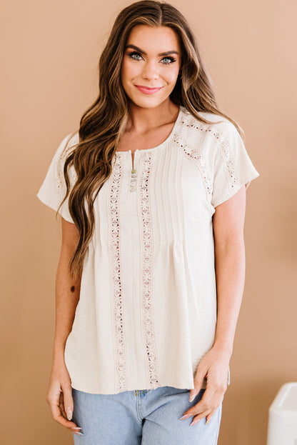 Crochet Eyelet Buttoned Short Sleeves Boho Top [Spirit and Rebel]   